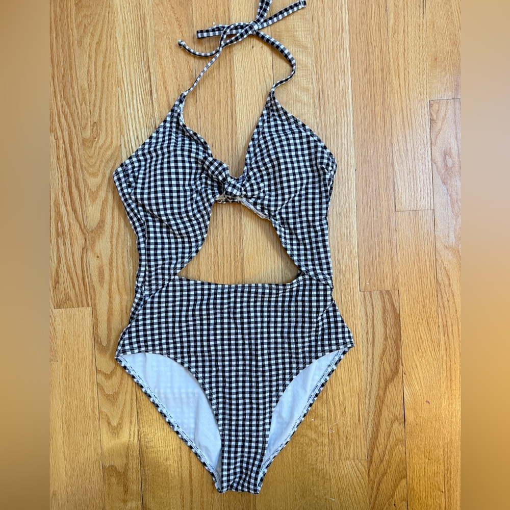 Xhilaration Womens Small Black White Gingham Check Cut Out One Piece Swim Suit